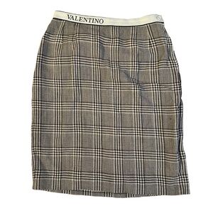 Valentino Miss V Pencil Skirt Plaid Prince de Galles with Logo Waistband Size 12